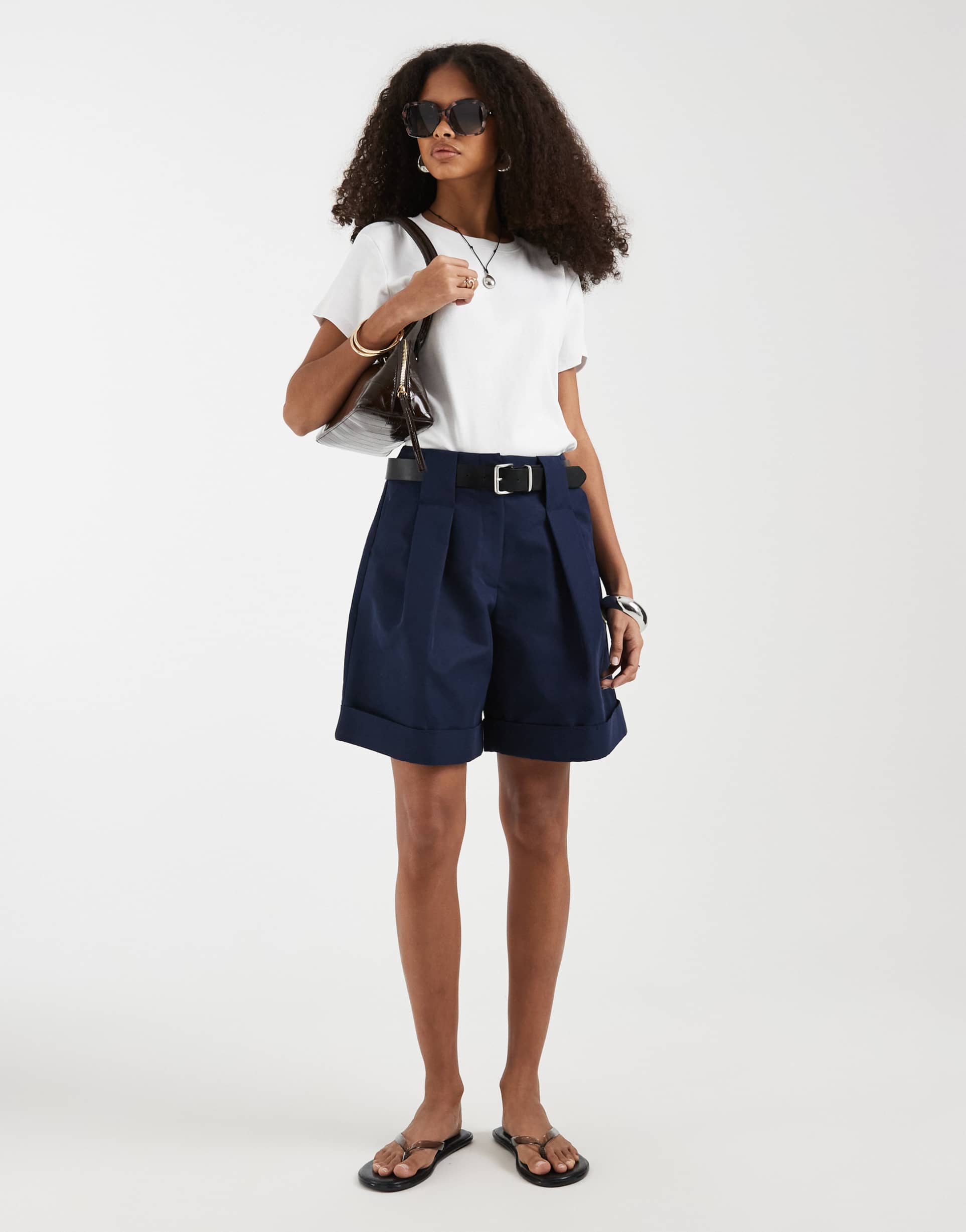 asos design tailored belted cuffed shorts in navy