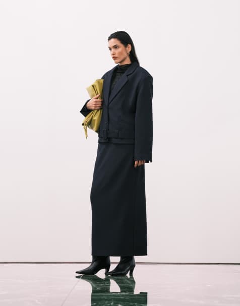 ASOS DESIGN tailored belted hem blazer and midi pencil skirt set in navy - view 1