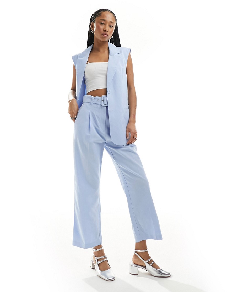 tailored belted linen look pants in light blue