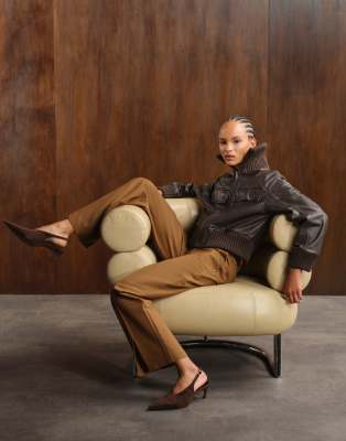 Asos Design Tailored Belted Mid Rise Relaxed Slouchy Pants With Slit Hem In Brown