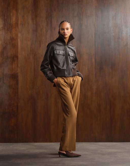 ASOS DESIGN tailored belted mid rise relaxed slouchy trousers with split hem in brown