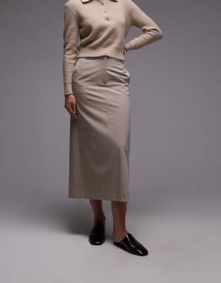 Asos Design Tailored Belted Midi Pencil Skirt In Neutral