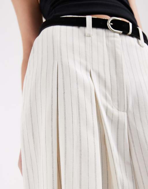 ASOS DESIGN tailored belted palazzo pants with linen in ecru stripe , 3 of 5