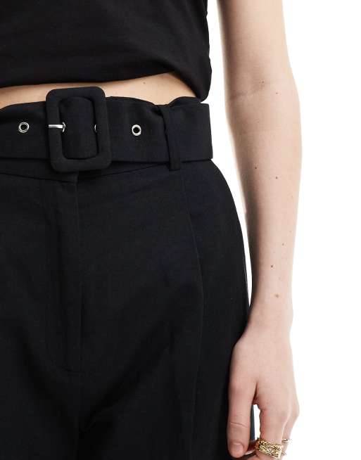 ASOS DESIGN tailored belted pants with linen in light black