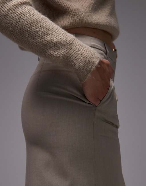ASOS DESIGN tailored belted pencil midi skirt in stone, 4 of 5