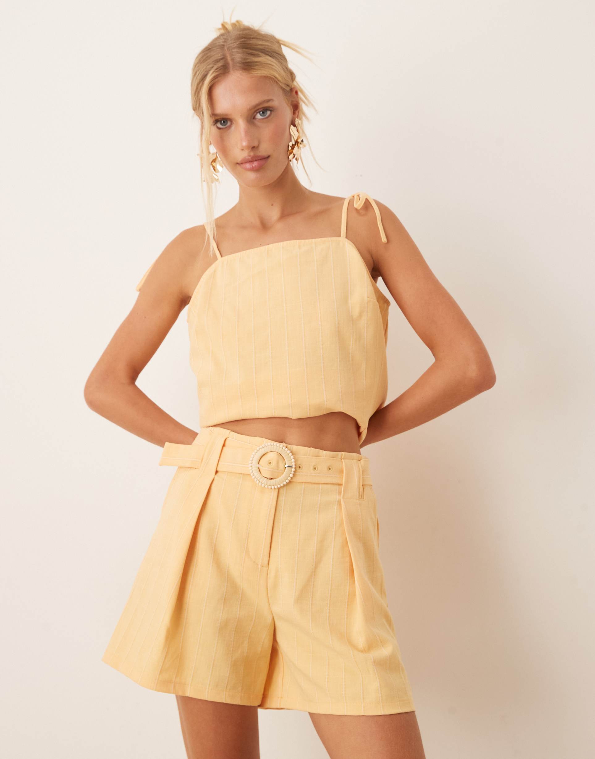 asos design tailored belted shorts in yellow stripes - part of a set