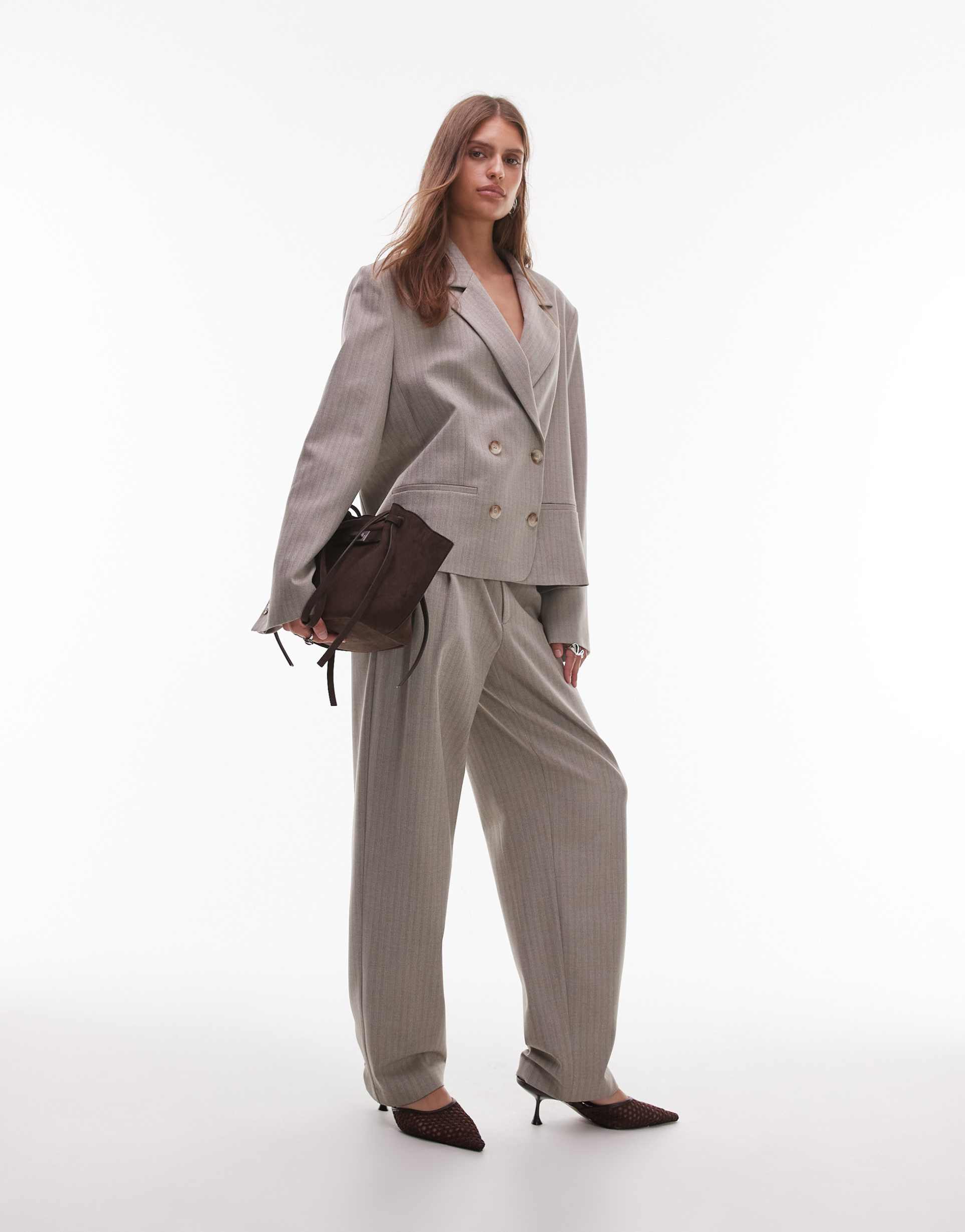 asos design tailored belted tapered leg pants in brown herrinbone