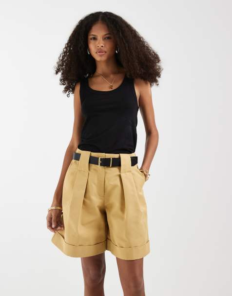 ASOS DESIGN Tailored belted turn up shorts in camel - view 1