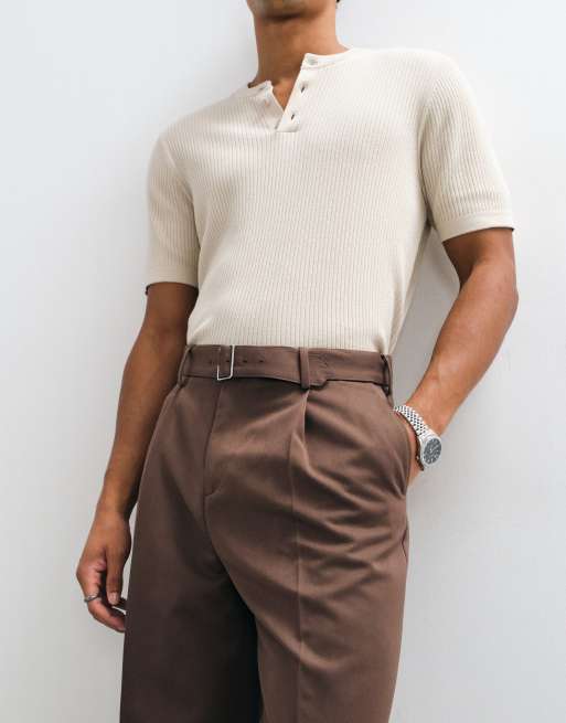 ASOS DESIGN tailored belted wide leg pants in warm brown, 4 of 5