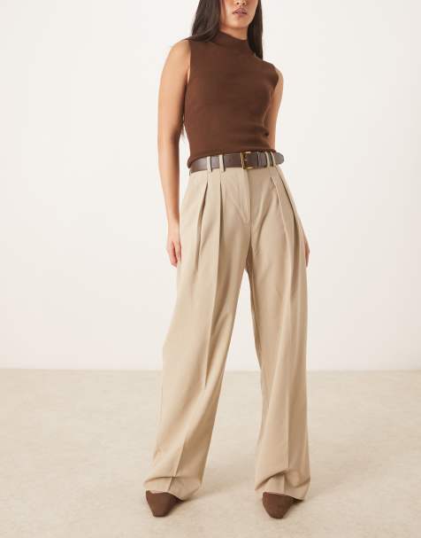 ASOS DESIGN tailored belted wide leg pants with pleat detail in neutral - view 1