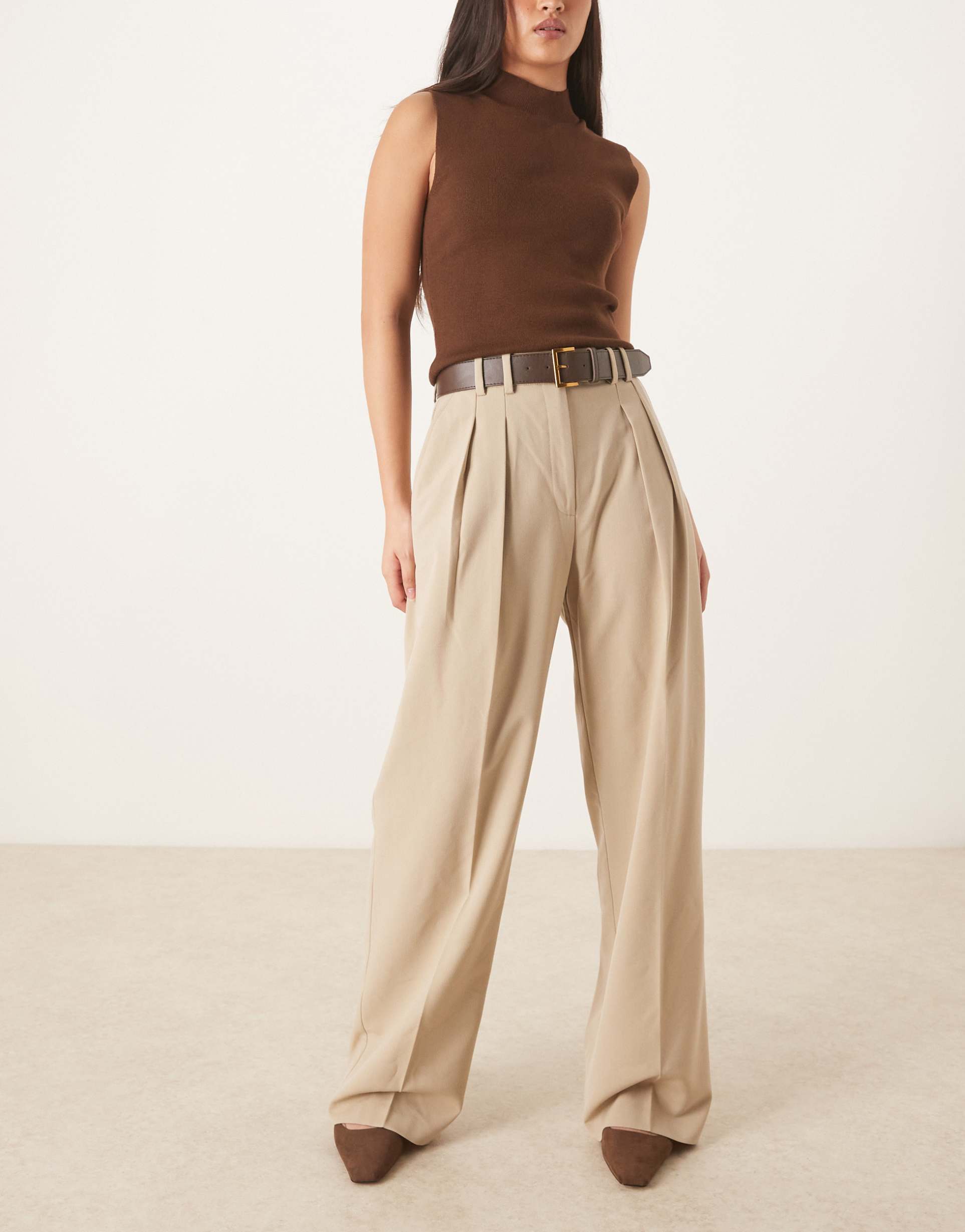 asos design tailored belted wide leg pants with pleat details in neutral