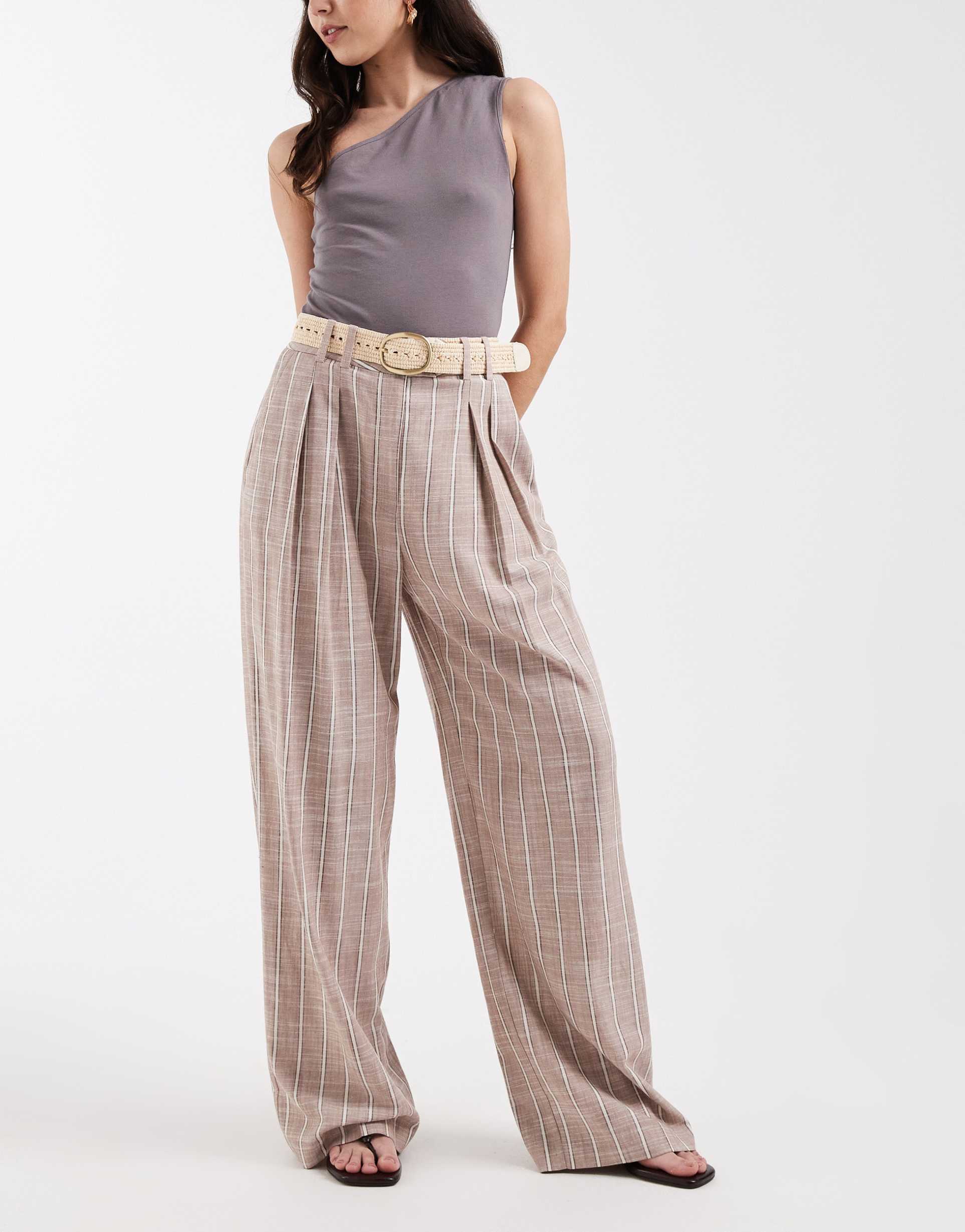 asos design tailored belted wide leg pants with pleated detailing in mink stripes