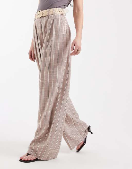 ASOS DESIGN tailored belted wide leg pants with pleated detailing in mink stripes, 2 of 5