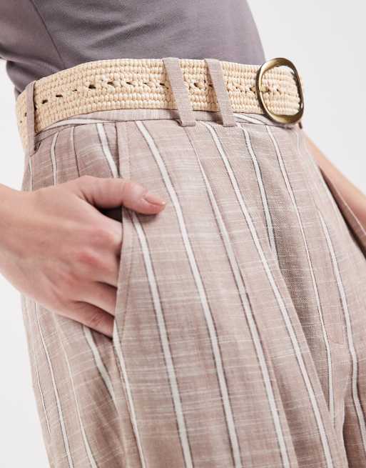 ASOS DESIGN tailored belted wide leg pants with pleated detailing in mink stripes, 3 of 5