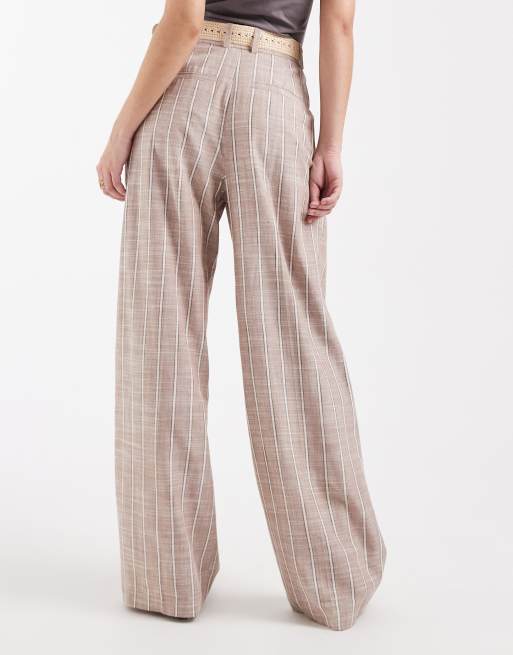 ASOS DESIGN tailored belted wide leg pants with pleated detailing in mink stripes, 4 of 5