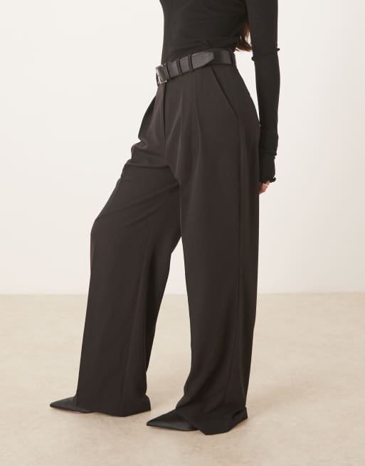 ASOS DESIGN tailored belted wide leg trousers with pleat detail in black, 2 of 5