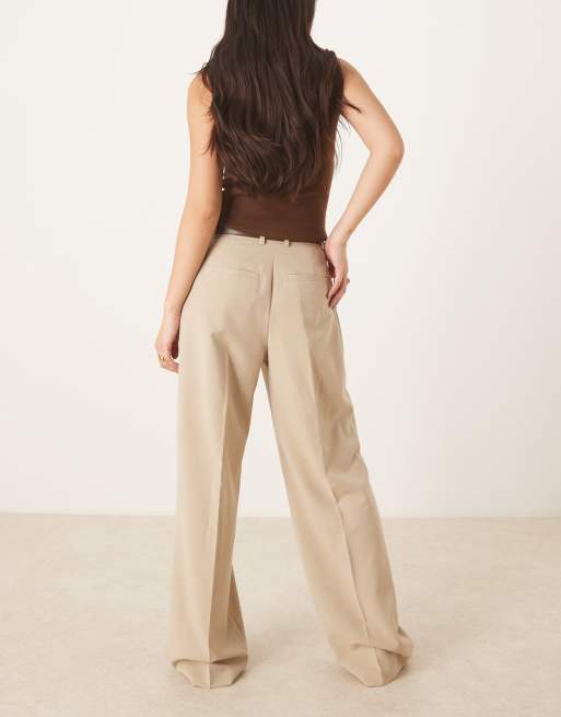 ASOS DESIGN tailored belted wide leg trousers with pleat detail in neutral, 3 of 5