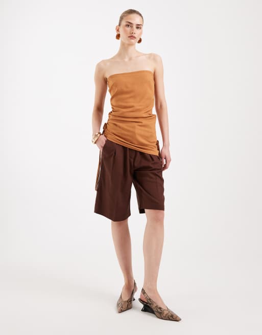 ASOS DESIGN tailored bermuda short with linen in brown - BROWN, 4 of 5