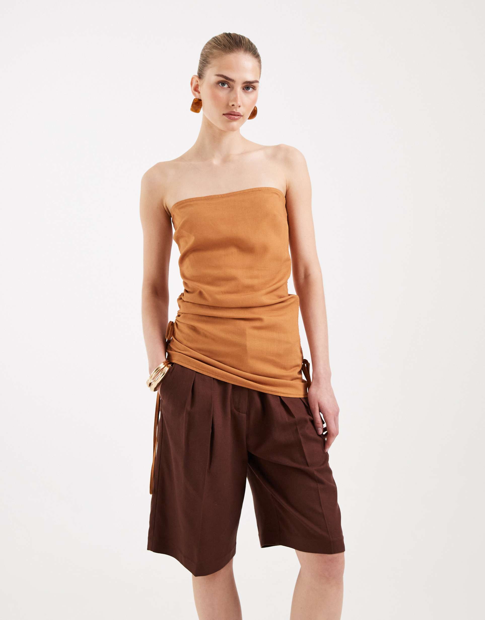 asos design tailored bermuda shorts with linen in brown