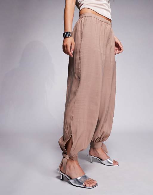 ASOS DESIGN tailored billow pants with ankle tie detail in mocha