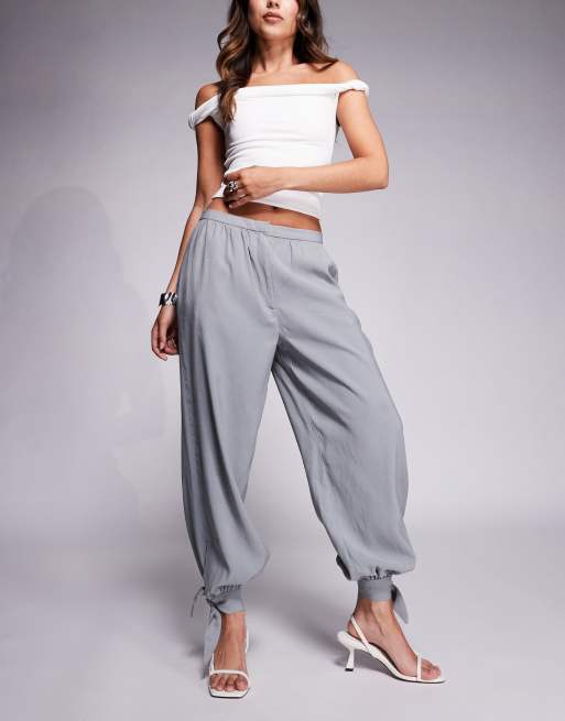 ASOS DESIGN tailored billow pants with ankle tie detail in soft gray