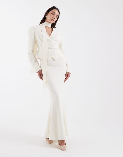 ASOS DESIGN tailored blazer with neck scarf detail and maxi skirt co-ord in cream - view 1