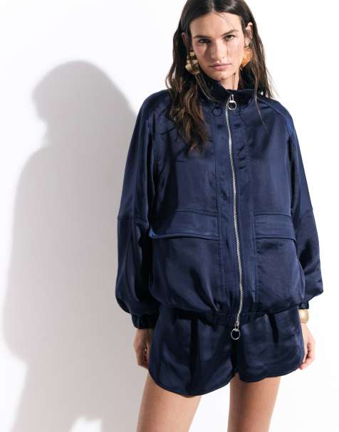 ASOS DESIGN tailored bomber jacket in satin in navy - view 1