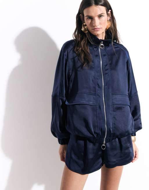 ASOS DESIGN tailored bomber jacket with satin runner shorts set in navy, 3 of 3