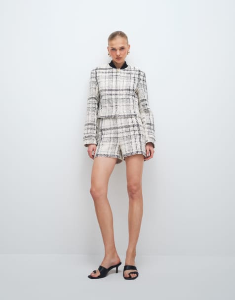 ASOS DESIGN tailored bomber jacket with micro shorts set in check boucle - view 1