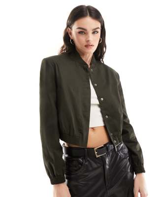 Asos Design Tailored Bomber Jacket With Strong Shoulder In Khaki-green