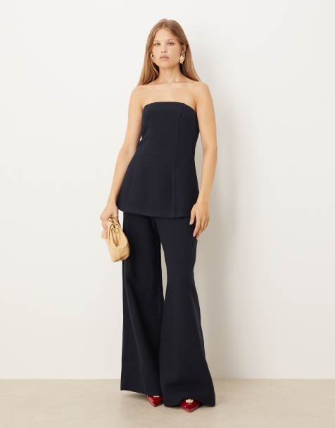 ASOS DESIGN tailored boucle bandeau top and wide leg trousers co-ord in Navy - view 1