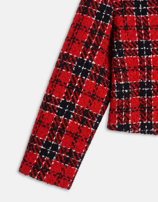 ASOS DESIGN Tailored boucle check blazer with gold buttons in red, 7 of 7