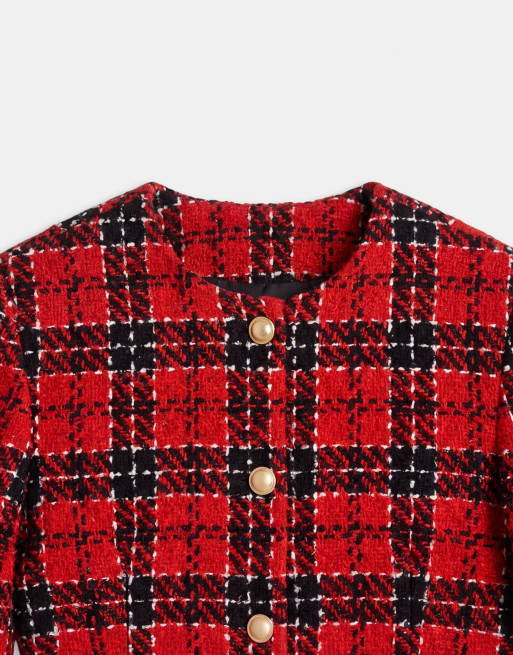 ASOS DESIGN Tailored boucle check blazer with gold buttons in red, 8 of 9