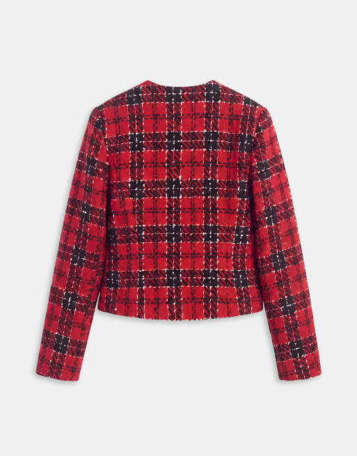ASOS DESIGN Tailored boucle check blazer with gold buttons in red, 9 of 9