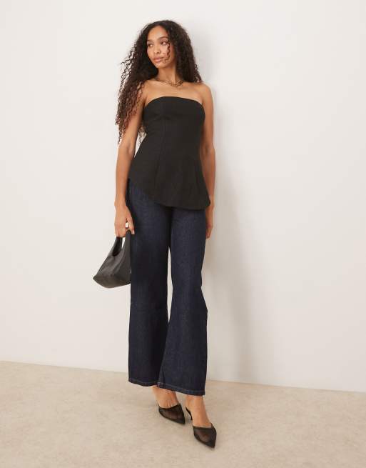 ASOS DESIGN tailored boucle curved hem peplum bandeau co-ord top in black, 3 of 4