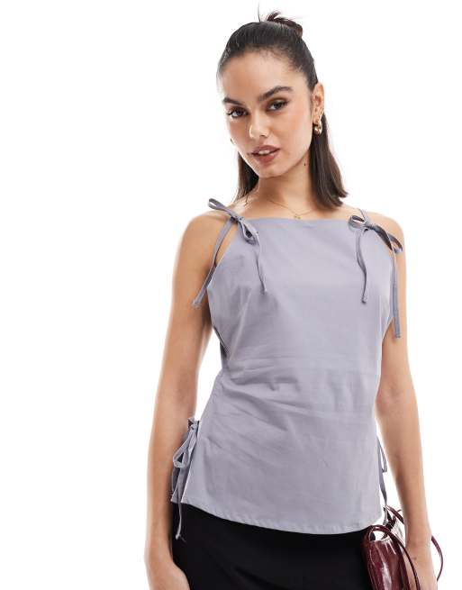 ASOS DESIGN tailored bow detail slash neck top in gray
