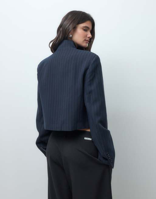 ASOS DESIGN Tailored boxy crop mandarin style blazer in navy stripe, 4 of 4