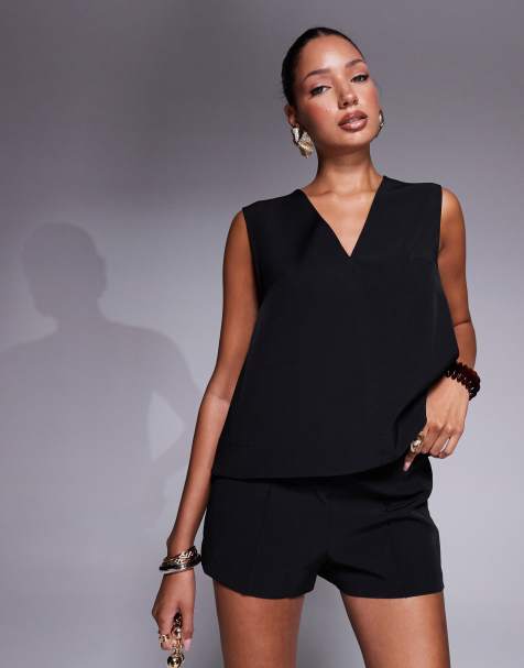 ASOS DESIGN tailored boxy v neck shell top co-ord in black - view 1