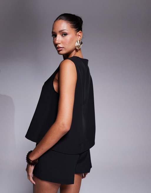 ASOS DESIGN tailored boxy v neck shell top in black - part of a set, 4 of 4