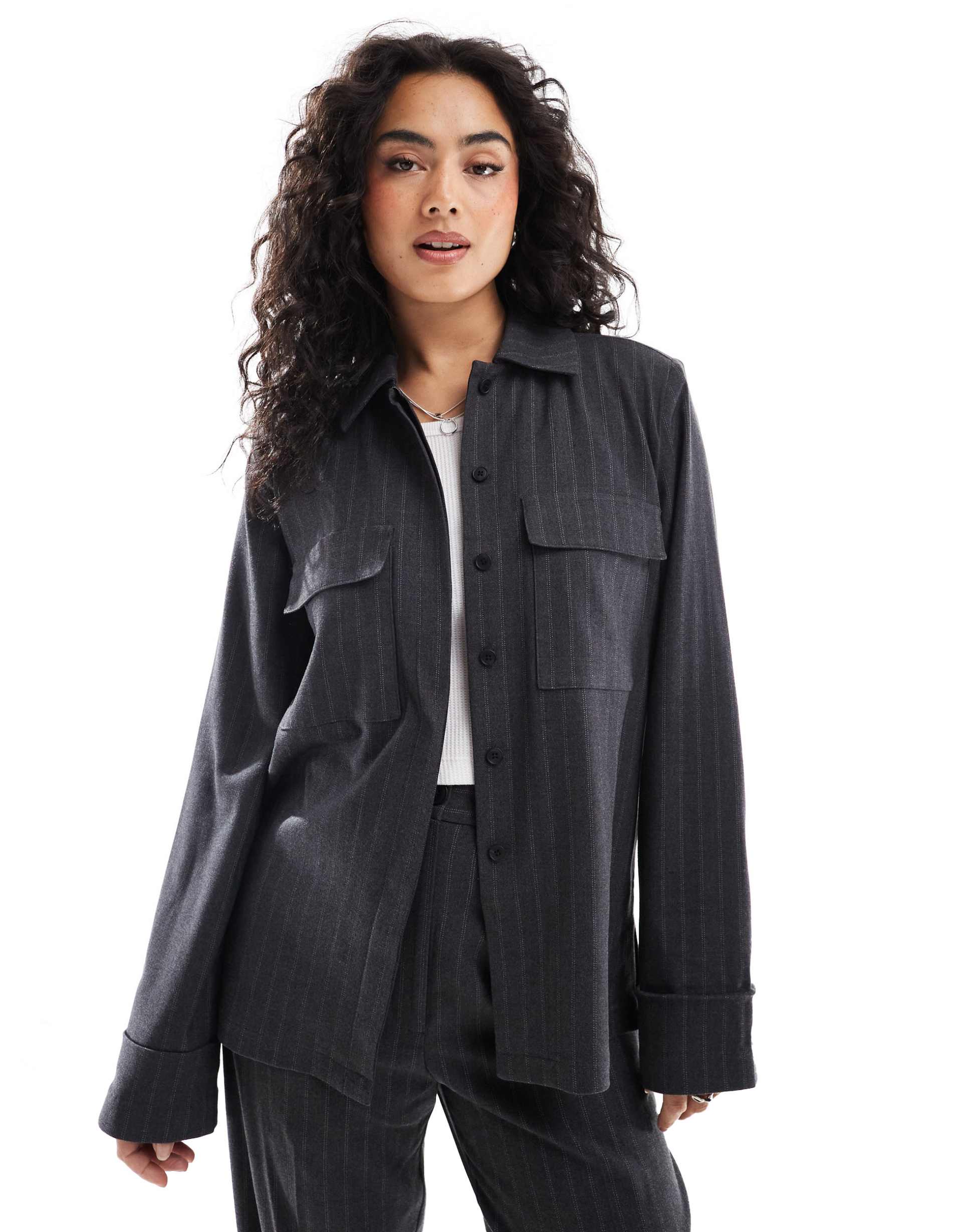 asos design tailored brushed shirt in stripe in charcoal - part of a set