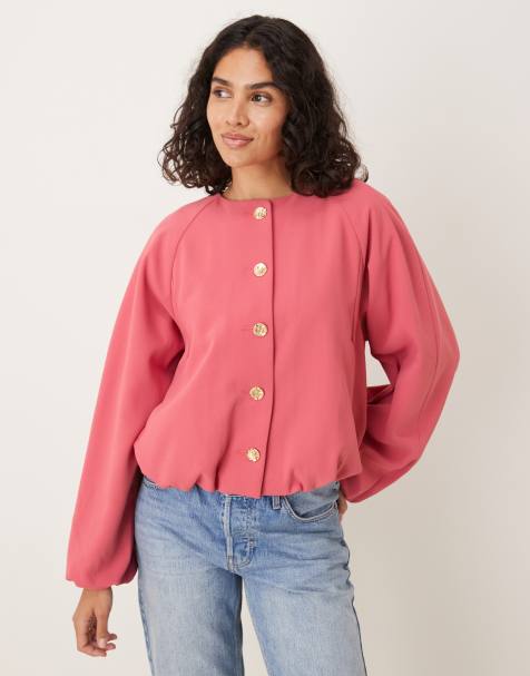 ASOS DESIGN tailored bubble hem jacket with gold button detail in berry - view 1