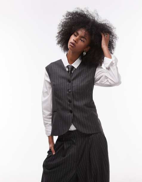 ASOS DESIGN tailored built up neck waistcoat in charcoal pinstripe - view 1