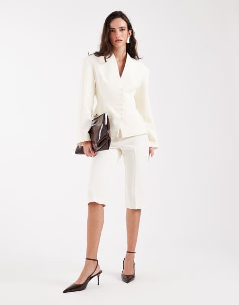 ASOS DESIGN Tailored button detail capri pants in cream - view 1