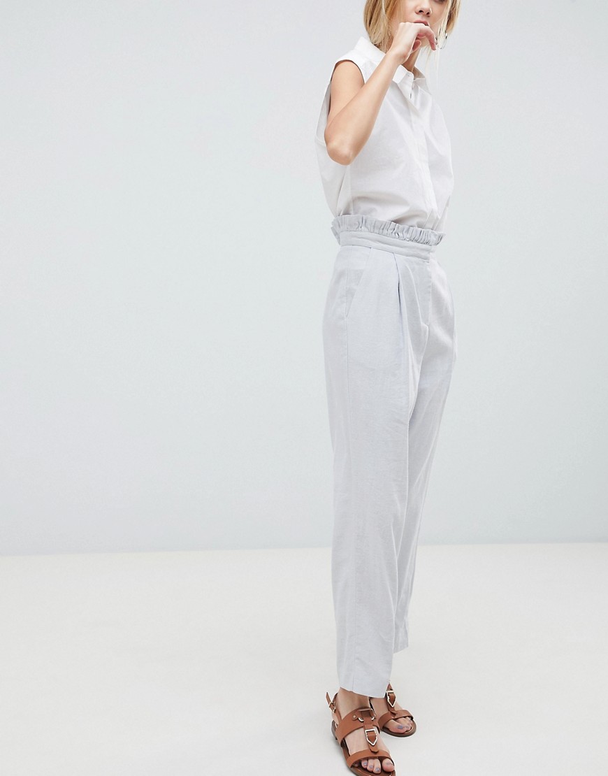 ASOS DESIGN tailored casual linen trouser with frill waist-Grey