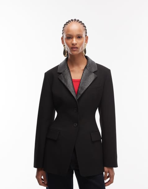 ASOS DESIGN tailored cinch waist blazer with faux leather lapels in black - view 1