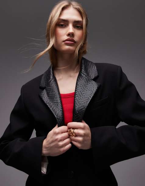 ASOS DESIGN tailored cinch waist blazer with faux leather lapels in black