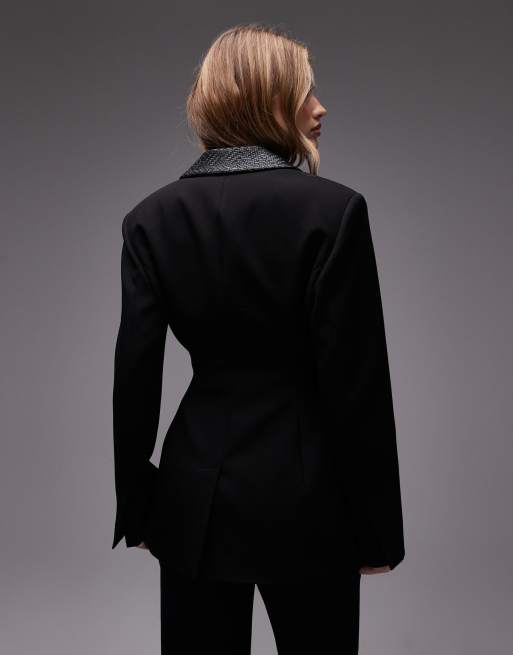 ASOS DESIGN tailored cinch waist blazer with faux leather lapels in black, 3 of 4