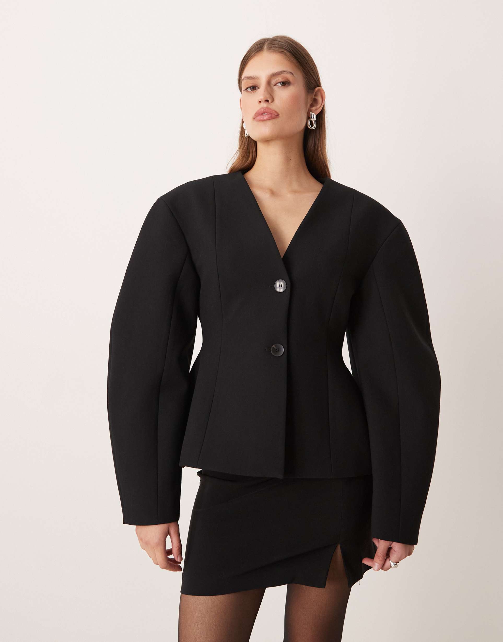 asos design tailored cinch waist cocoon sleeve jacket in black