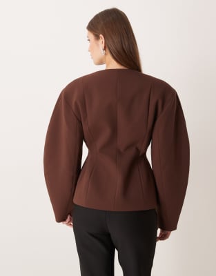 Asos Design Tailored Cinch Waist Cocoon Sleeve Jacket In Brown