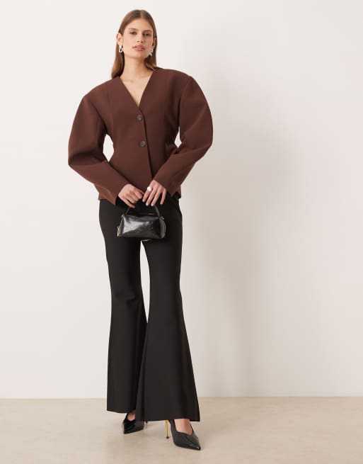ASOS DESIGN tailored cinch waist cocoon sleeve jacket in chocolate, 3 of 4
